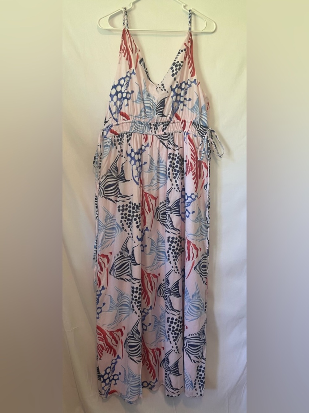 LOFT Tropical Fish Print Double Side Tie Maxi Dress L EUC Tropical Boho Beach